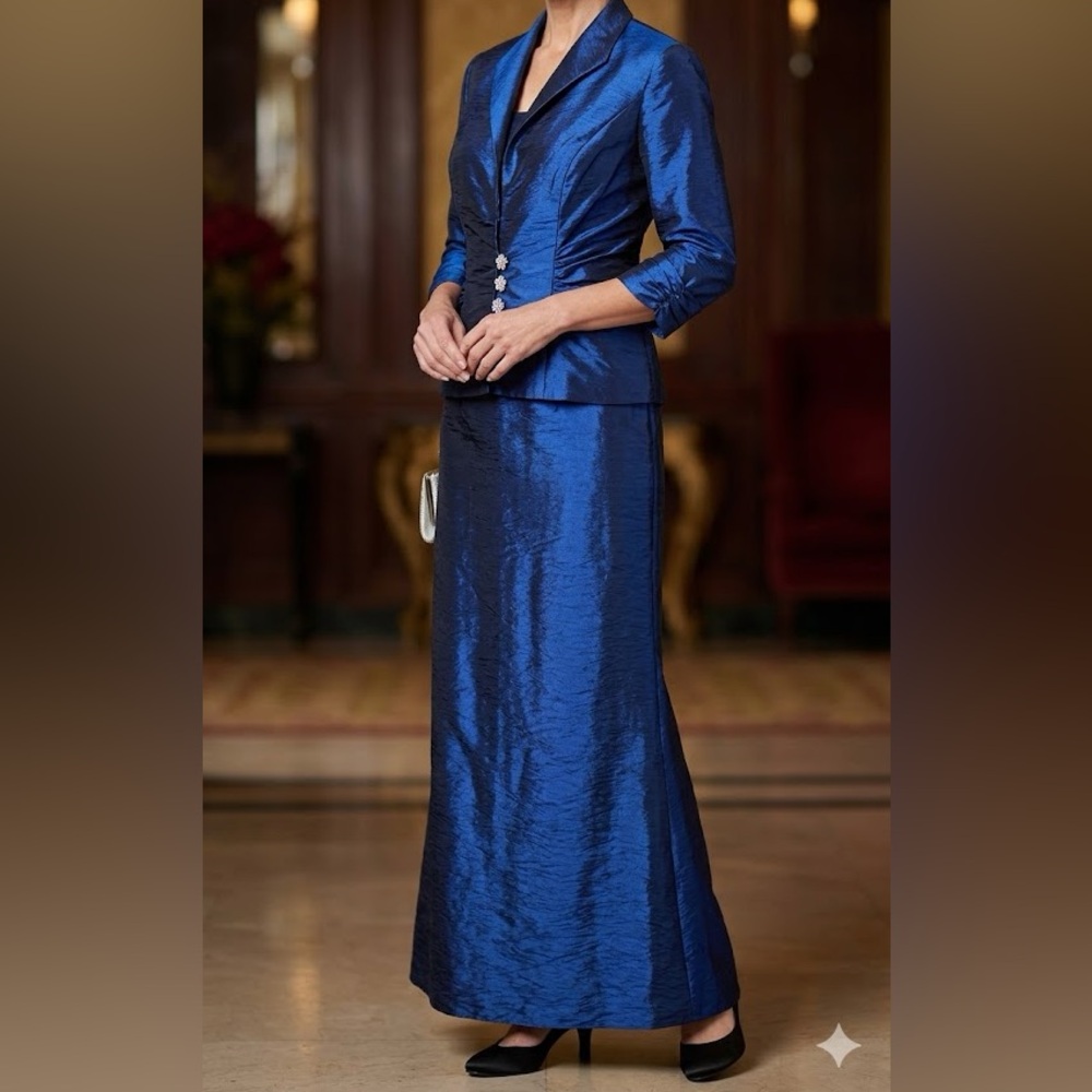 Cameron Blake Mon Cheri Blue 2Pc Evening Gown Overlay Bodice Sweep Train 10P